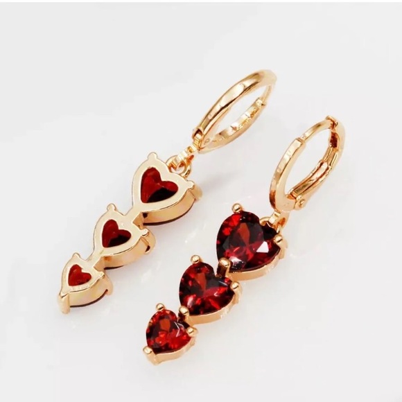18k Gold Filled Red Ruby Triple Heart Earrings - Picture 3 of 4